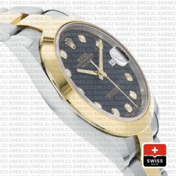 Rolex Datejust 41 Oyster 2 Tone 18k Yellow Gold Smooth Bezel Black Dial Diamond Markers 126303 Swiss Replica