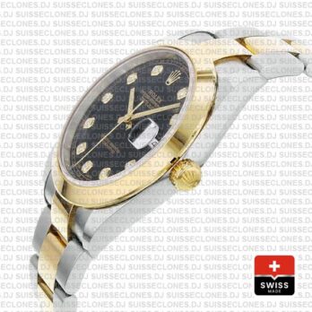 Rolex Datejust 41 Oyster 2 Tone 18k Yellow Gold Smooth Bezel Black Dial Diamond Markers 126303 Swiss Replica