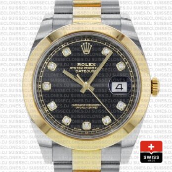 Rolex Datejust 41 Oyster 2 Tone 18k Yellow Gold Smooth Bezel Black Dial Diamond Markers 126303 Swiss Replica