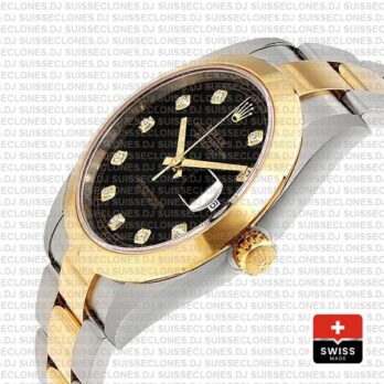 Rolex Datejust 41 Oyster 2 Tone 18k Yellow Gold Smooth Bezel Black Dial Diamond Markers 126303 Swiss Replica