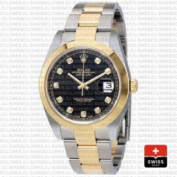 Rolex Datejust 41 Oyster 2 Tone 18k Yellow Gold Smooth Bezel Black Dial Diamond Markers 126303 Swiss Replica