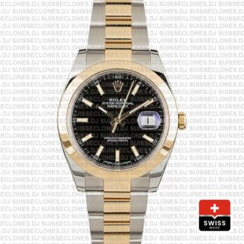 Rolex Datejust 41 Oyster 2 Tone 18k Yellow Gold Smooth Bezel Black Dial Stick Markers 126303 Swiss Replica