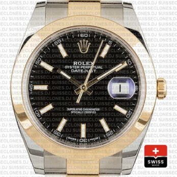 Rolex Datejust 41 Oyster 2 Tone 18k Yellow Gold Smooth Bezel Black Dial Stick Markers 126303 Swiss Replica