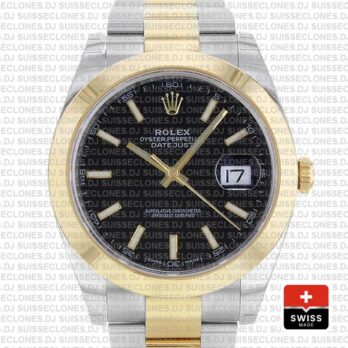 Rolex Datejust 41 Oyster 2 Tone 18k Yellow Gold Smooth Bezel Black Dial Stick Markers 126303 Swiss Replica