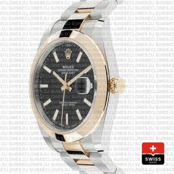 Rolex Datejust 41 Oyster 2 Tone 18k Yellow Gold Smooth Bezel Black Dial Stick Markers 126303 Swiss Replica