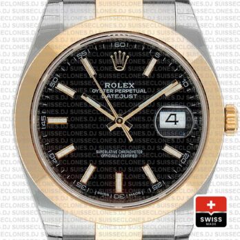 Rolex Datejust 41 Oyster 2 Tone 18k Yellow Gold Smooth Bezel Black Dial Stick Markers 126303 Swiss Replica