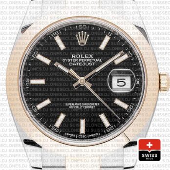 Rolex Datejust 41 Oyster 2 Tone 18k Yellow Gold Smooth Bezel Black Dial Stick Markers 126303 Swiss Replica