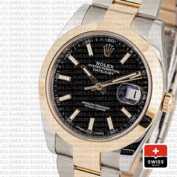 Rolex Datejust 41 Oyster 2 Tone 18k Yellow Gold Smooth Bezel Black Dial Stick Markers 126303 Swiss Replica