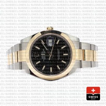 Rolex Datejust 41 Oyster 2 Tone 18k Yellow Gold Smooth Bezel Black Dial Stick Markers 126303 Swiss Replica