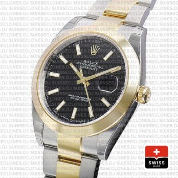 Rolex Datejust 41 Oyster 2 Tone 18k Yellow Gold Smooth Bezel Black Dial Stick Markers 126303 Swiss Replica