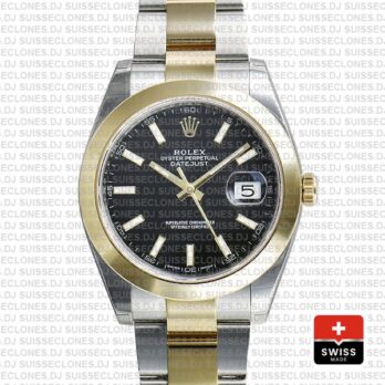 Rolex Datejust 41 Oyster 2 Tone 18k Yellow Gold Smooth Bezel Black Dial Stick Markers 126303 Swiss Replica