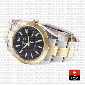 Rolex Datejust 41 Oyster 2 Tone 18k Yellow Gold Smooth Bezel Black Dial Stick Markers 126303 Swiss Replica