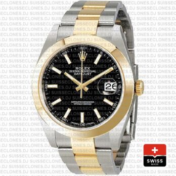 Rolex Datejust 41 Oyster 2 Tone 18k Yellow Gold Smooth Bezel Black Dial Stick Markers 126303 Swiss Replica