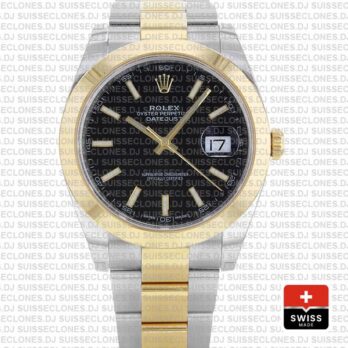 Rolex Datejust 41 Oyster 2 Tone 18k Yellow Gold Smooth Bezel Black Dial Stick Markers 126303 Swiss Replica