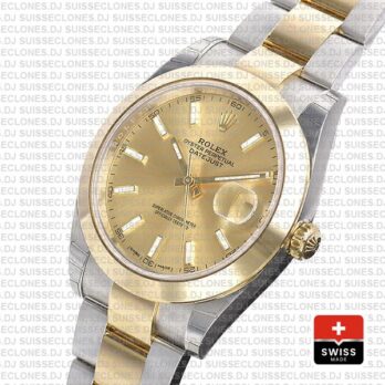 Rolex Datejust 41 Oyster 2 Tone 18k Yellow Gold Smooth Bezel Gold Dial Stick Markers 126303 Swiss Replica