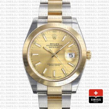 Rolex Datejust 41 Oyster 2 Tone 18k Yellow Gold Smooth Bezel Gold Dial Stick Markers 126303 Swiss Replica