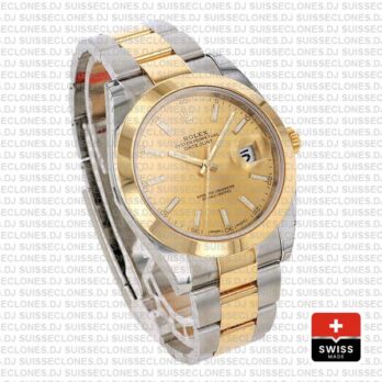 Rolex Datejust 41 Oyster 2 Tone 18k Yellow Gold Smooth Bezel Gold Dial Stick Markers 126303 Swiss Replica