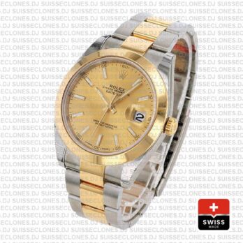 Rolex Datejust 41 Oyster 2 Tone 18k Yellow Gold Smooth Bezel Gold Dial Stick Markers 126303 Swiss Replica