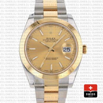 Rolex Datejust 41 Oyster 2 Tone 18k Yellow Gold Smooth Bezel Gold Dial Stick Markers 126303 Swiss Replica