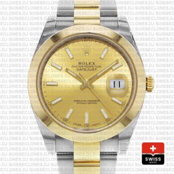 Rolex Datejust 41 Oyster 2 Tone 18k Yellow Gold Smooth Bezel Gold Dial Stick Markers 126303 Swiss Replica