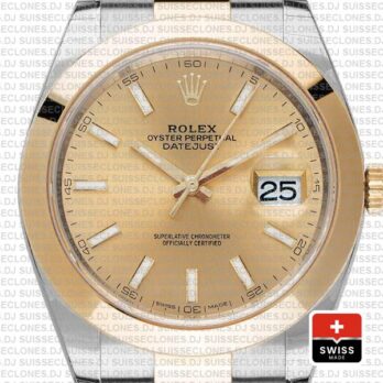 Rolex Datejust 41 Oyster 2 Tone 18k Yellow Gold Smooth Bezel Gold Dial Stick Markers 126303 Swiss Replica