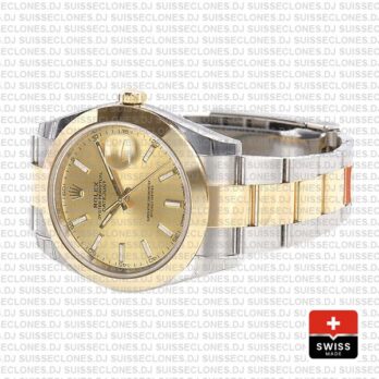 Rolex Datejust 41 Oyster 2 Tone 18k Yellow Gold Smooth Bezel Gold Dial Stick Markers 126303 Swiss Replica