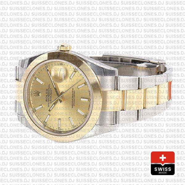 Rolex Datejust 41 Oyster 2 Tone 18k Yellow Gold Smooth Bezel Gold Dial Stick Markers 126303 Swiss Replica