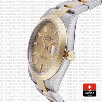 Rolex Datejust 41 Oyster 2 Tone 18k Yellow Gold Smooth Bezel Gold Dial Stick Markers 126303 Swiss Replica