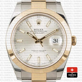 Rolex Datejust 41 Oyster 2 Tone 18k Yellow Gold Smooth Bezel Silver Dial Stick Markers 126303 Swiss Replica