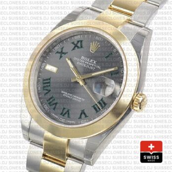 Rolex Datejust 41 Oyster 2 Tone 18k Yellow Gold Smooth Bezel Slate Grey Dial Roman Markers 126303 Swiss Replica