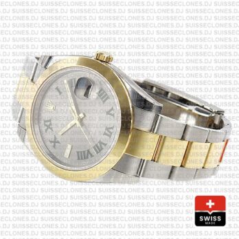 Rolex Datejust 41 Oyster 2 Tone 18k Yellow Gold Smooth Bezel Slate Grey Dial Roman Markers 126303 Swiss Replica