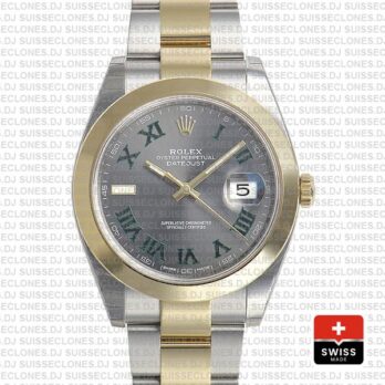 Rolex Datejust 41 Oyster 2 Tone 18k Yellow Gold Smooth Bezel Slate Grey Dial Roman Markers 126303 Swiss Replica