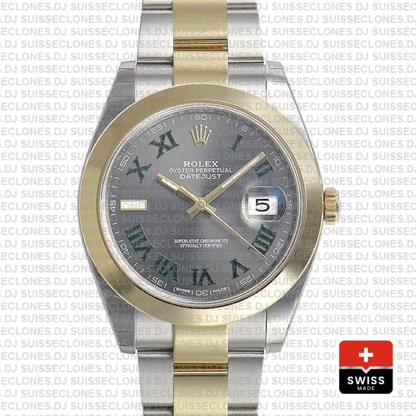 Rolex Datejust 41 Oyster 2 Tone 18k Yellow Gold Smooth Bezel Slate Grey Dial Roman Markers 126303 Swiss Replica