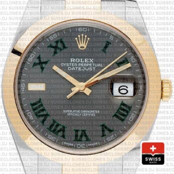 Rolex Datejust 41 Oyster 2 Tone 18k Yellow Gold Smooth Bezel Slate Grey Dial Roman Markers 126303 Swiss Replica