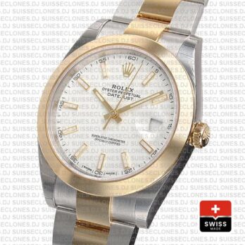 Rolex Datejust 41 Oyster 2 Tone 18k Yellow Gold Smooth Bezel White Dial Stick Markers Rolex Replica Watch