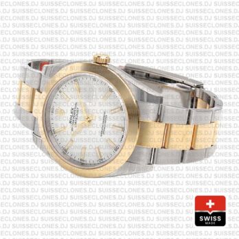 Rolex Datejust 41 Oyster 2 Tone 18k Yellow Gold Smooth Bezel White Dial Stick Markers Replica Watch