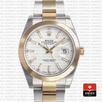 Rolex Datejust 41 Oyster 2 Tone 18k Yellow Gold Smooth Bezel White Dial Stick Markers Replica