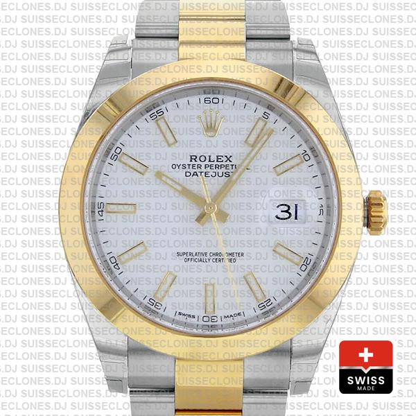 Rolex Datejust 41 Oyster 2 Tone 18k Yellow Gold Smooth Bezel White Dial Stick Markers