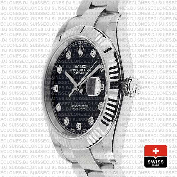 Rolex Datejust 41 Oyster 904l Steel 18k W Gold Fluted Bezel Black Dial Diamond Markers 126334 Swiss Replica