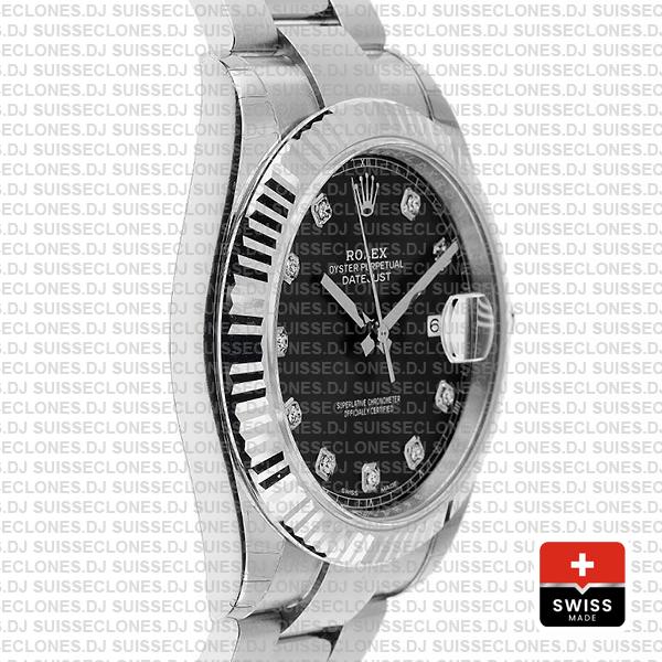 Rolex Datejust 41 Oyster 904l Steel 18k W Gold Fluted Bezel Black Dial Diamond Markers 126334 Swiss Replica