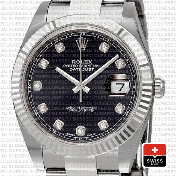 Rolex Datejust 41 Oyster 904l Steel 18k W Gold Fluted Bezel Black Dial Diamond Markers 126334 Swiss Replica