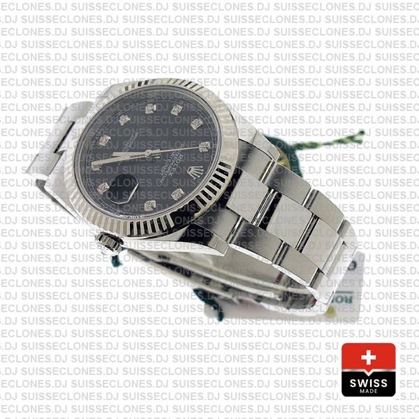 Rolex Datejust 41 Oyster 904l Steel 18k W Gold Fluted Bezel Black Dial Diamond Markers 126334 Swiss Replica