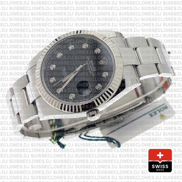 Rolex Datejust 41 Oyster 904l Steel 18k W Gold Fluted Bezel Black Dial Diamond Markers 126334 Swiss Replica