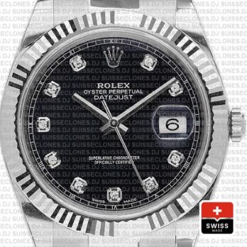 Rolex Datejust 41 Oyster 904l Steel 18k W Gold Fluted Bezel Black Dial Diamond Markers 126334 Swiss Replica
