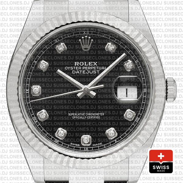 Rolex Datejust 41 Oyster 904l Steel 18k W Gold Fluted Bezel Black Dial Diamond Markers 126334 Swiss Replica