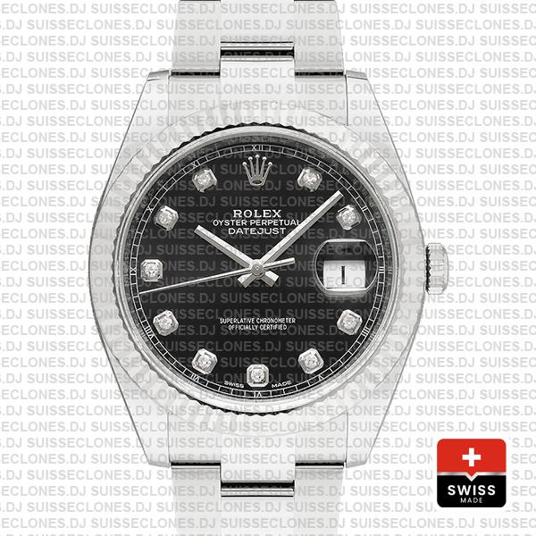 Rolex Datejust 41 Oyster 904l Steel 18k W Gold Fluted Bezel Black Dial Diamond Markers 126334 Swiss Replica