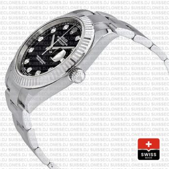 Rolex Datejust 41 Oyster 904l Steel 18k W Gold Fluted Bezel Black Dial Diamond Markers 126334 Swiss Replica