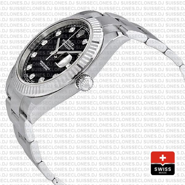 Rolex Datejust 41 Oyster 904l Steel 18k W Gold Fluted Bezel Black Dial Diamond Markers 126334 Swiss Replica