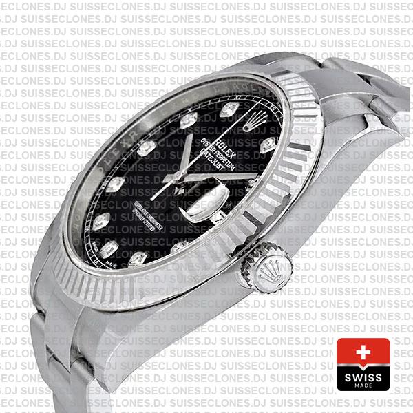 Rolex Datejust 41 Oyster 904l Steel 18k W Gold Fluted Bezel Black Dial Diamond Markers 126334 Swiss Replica