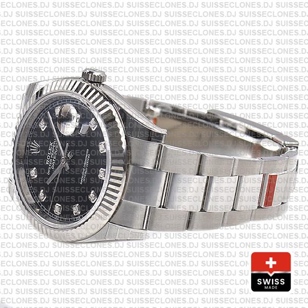Rolex Datejust 41 Oyster 904l Steel 18k W Gold Fluted Bezel Black Dial Diamond Markers 126334 Swiss Replica